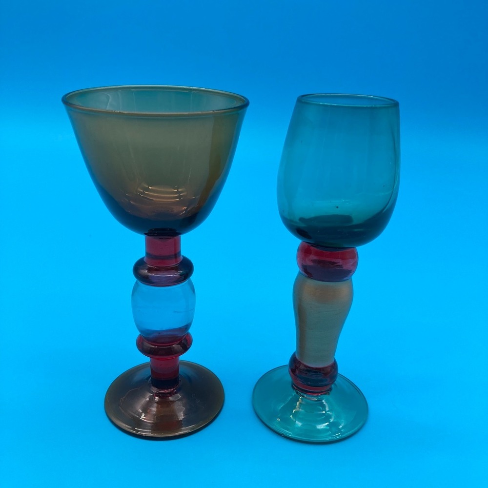 Vintage 1970s Cordial Glasses Set of 2 Retro Colored Stem Liqueur Cups
